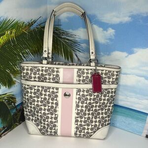 Coach Heritage Signature Stripe Pink White Tote Bag F15137